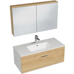 Meuble salle de bain simple vasque RUBITE 1 tiroir Chêne clair L. 100 cm + miroir armoire - Saniverre