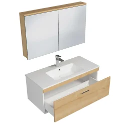 Meuble salle de bain simple vasque RUBITE 1 tiroir Chêne clair L. 100 cm + miroir armoire - Saniverre
