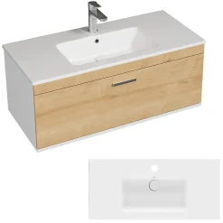 Meuble salle de bain simple vasque RUBITE 1 tiroir Chêne clair L. 100 cm + miroir armoire - Saniverre