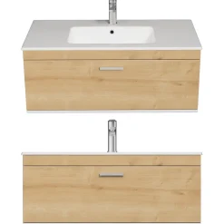 Meuble salle de bain simple vasque RUBITE 1 tiroir Chêne clair L. 100 cm + miroir armoire - Saniverre