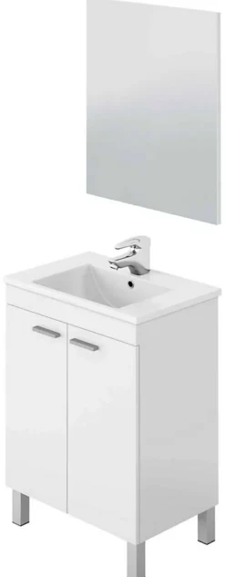 Meuble salle de bain Sous-vasque 60 cm avec 2 portes + Miroir coloris blanc brillant - H80 x Longueur 60 x Profondeur 45 cm
