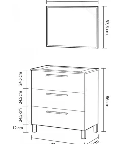 Meuble salle de bain sous vasque avec 3 Tiroirs + 1 Miroir coloris Alaska chêne - Longueur 80 x Profondeur 45 x Hauteur 86 cm