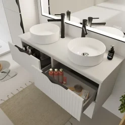 Meuble salle de bain strié 120 cm pour vasque à poser - Blanc mat - à suspendre - Tirso