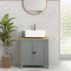 Meuble salle de bain sur pied - meuble sous-vasque - 2 portes, étagère - MDF panneaux aspect bois clair gris