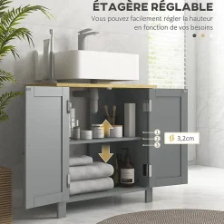 Meuble salle de bain sur pied - meuble sous-vasque - 2 portes, étagère - MDF panneaux aspect bois clair gris