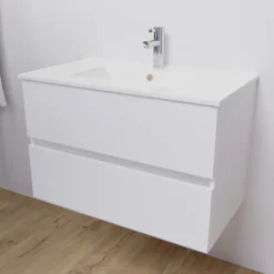 Meuble salle de bain suspendu 80 cm ROSALY- Blanc- Plan vasque en Céramique