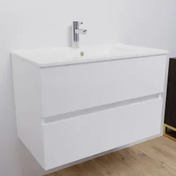Meuble salle de bain suspendu 80 cm ROSALY- Blanc- Plan vasque en Céramique
