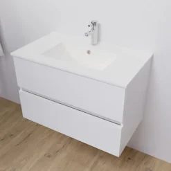Meuble salle de bain suspendu 80 cm ROSALY- Blanc- Plan vasque en Céramique