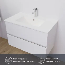 Meuble salle de bain suspendu 80 cm ROSALY- Blanc- Plan vasque en Céramique