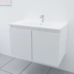 Meuble salle de bain suspendu 80 cm PROLINE- Blanc- Plan vasque en Céramique