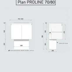 Meuble salle de bain suspendu 80 cm PROLINE- Blanc- Plan vasque en Céramique