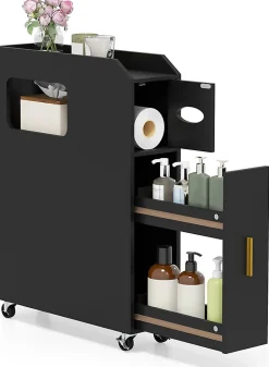 Meuble Salle de Bain Étroit,avec Support pour Papier Toilette,2 Tiroir, 2 Roue, Poignée Pratique,pour Buanderie, Toilette (Noir)