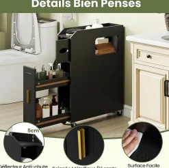 Meuble Salle de Bain Étroit,avec Support pour Papier Toilette,2 Tiroir, 2 Roue, Poignée Pratique,pour Buanderie, Toilette (Noir)
