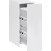 Meuble salle de bain étroit blanc à roulettes, meuble WC et d'appoint avec tiroir 3 compartiments et niche, idéal petits espaces