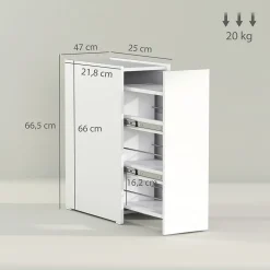Meuble salle de bain étroit blanc à roulettes, meuble WC et d'appoint avec tiroir 3 compartiments et niche, idéal petits espaces