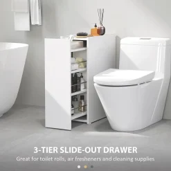 Meuble salle de bain étroit blanc à roulettes, meuble WC et d'appoint avec tiroir 3 compartiments et niche, idéal petits espaces