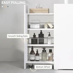 Meuble salle de bain étroit blanc à roulettes, meuble WC et d'appoint avec tiroir 3 compartiments et niche, idéal petits espaces