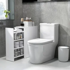 Meuble salle de bain étroit blanc à roulettes, meuble WC et d'appoint avec tiroir 3 compartiments et niche, idéal petits espaces