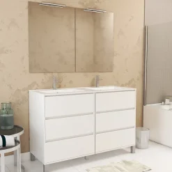 Meuble Salle de Bains 120 cm Laqué Blanc 6 Tiroirs, Vasque, Miroirs 60x80 et Réglettes Led - XENOS