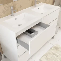 Meuble Salle de Bains 120 cm Laqué Blanc 6 Tiroirs, Vasque, Miroirs 60x80 et Réglettes Led - XENOS