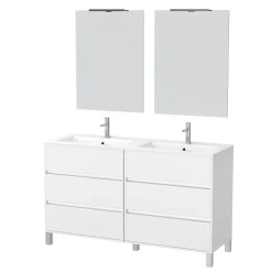 Meuble Salle de Bains 120 cm Laqué Blanc 6 Tiroirs, Vasque, Miroirs 60x80 et Réglettes Led - XENOS
