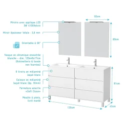 Meuble Salle de Bains 120 cm Laqué Blanc 6 Tiroirs, Vasque, Miroirs 60x80 et Réglettes Led - XENOS