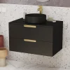 Meuble Salle de Bains 80 cm Laqué Noir Mat et Or Doré - 2 Tiroirs - Vasque Ronde à Poser Noire