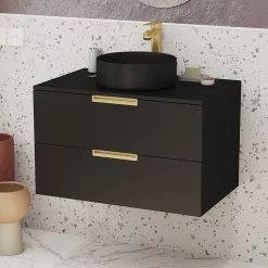 Meuble Salle de Bains 80 cm Laqué Noir Mat et Or Doré - 2 Tiroirs - Vasque Ronde à Poser Noire