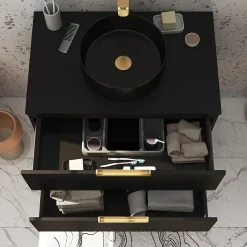 Meuble Salle de Bains 80 cm Laqué Noir Mat et Or Doré - 2 Tiroirs - Vasque Ronde à Poser Noire