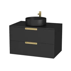 Meuble Salle de Bains 80 cm Laqué Noir Mat et Or Doré - 2 Tiroirs - Vasque Ronde à Poser Noire