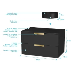 Meuble Salle de Bains 80 cm Laqué Noir Mat et Or Doré - 2 Tiroirs - Vasque Ronde à Poser Noire