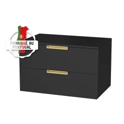 Meuble Salle de Bains 80 cm Laqué Noir Mat et Or Doré - 2 Tiroirs - Vasque Ronde à Poser Noire