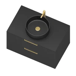Meuble Salle de Bains 80 cm Laqué Noir Mat et Or Doré - 2 Tiroirs - Vasque Ronde à Poser Noire