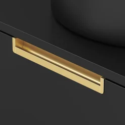Meuble Salle de Bains 80 cm Laqué Noir Mat et Or Doré - 2 Tiroirs - Vasque Ronde à Poser Noire