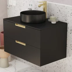 Meuble Salle de Bains 80 cm Laqué Noir Mat et Or Doré - 2 Tiroirs - Vasque Ronde à Poser Noire