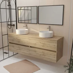 Meuble Salle de Bains 160 TIMBER Décor Chêne 4 Tiroirs Plan Vasques à Poser Blanches 2 Miroirs 75x55