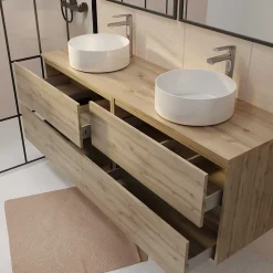Meuble Salle de Bains 160 TIMBER Décor Chêne 4 Tiroirs Plan Vasques à Poser Blanches 2 Miroirs 75x55