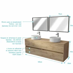 Meuble Salle de Bains 160 TIMBER Décor Chêne 4 Tiroirs Plan Vasques à Poser Blanches 2 Miroirs 75x55