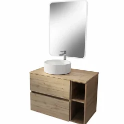 Meuble salle de bains 80 TIMBER Décor Chêne Tiroirs + Module - Vasque Blanche - Miroir 60x80 LED
