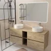 Meuble Salle de Bains 140 TIMBER Décor Chêne 4 Tiroirs et Module Vasques Blanches Miroir LED 120x70