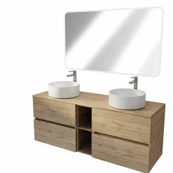 Meuble Salle de Bains 140 TIMBER Décor Chêne 4 Tiroirs et Module Vasques Blanches Miroir LED 120x70
