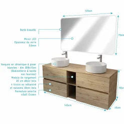 Meuble Salle de Bains 140 TIMBER Décor Chêne 4 Tiroirs et Module Vasques Blanches Miroir LED 120x70