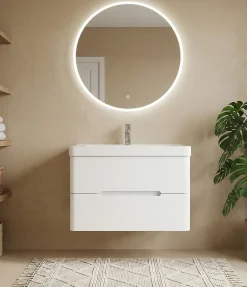 Meuble Salle de Bains avec vasque/lavabo FIDJI 80 suspendu laqué Blanc brillant avec plan en résine