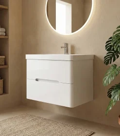 Meuble Salle de Bains avec vasque/lavabo FIDJI 80 suspendu laqué Blanc brillant avec plan en résine