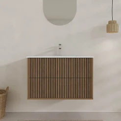 Meuble Salle de Bains 60cm 2 Tiroirs Décor Chêne et Noir Cranté - Vasque Blanche Mate - YUKI