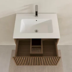 Meuble Salle de Bains 60cm 2 Tiroirs Décor Chêne et Noir Cranté - Vasque Blanche Mate - YUKI