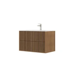 Meuble Salle de Bains 60cm 2 Tiroirs Décor Chêne et Noir Cranté - Vasque Blanche Mate - YUKI
