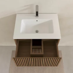 Meuble Salle de Bains 60cm 2 Tiroirs Décor Chêne et Noir Cranté - Vasque Blanche Mate - YUKI