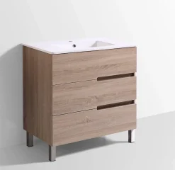 Meuble Salle de Bains JUPITER 80 3 tiroir avec miroir simple et plan céramique, finition effet chene naturel