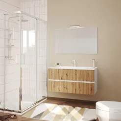 Meuble Salle De Bains Suspendu 100Cm Blanc Avec Tiroirs Chêne Doré Canné - Salina